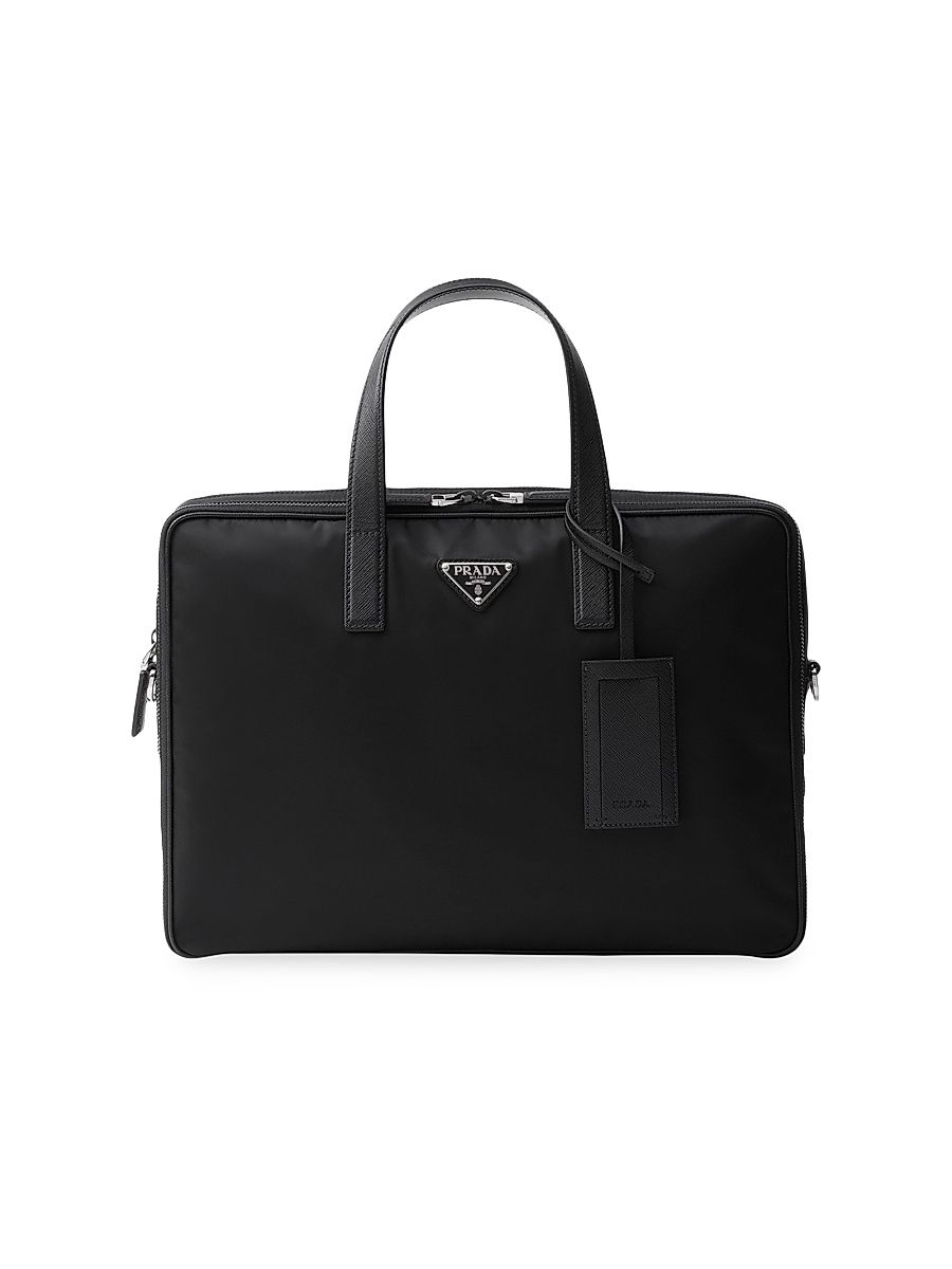 Men's Re-Nylon and Saffiano Leather Briefcase - Black