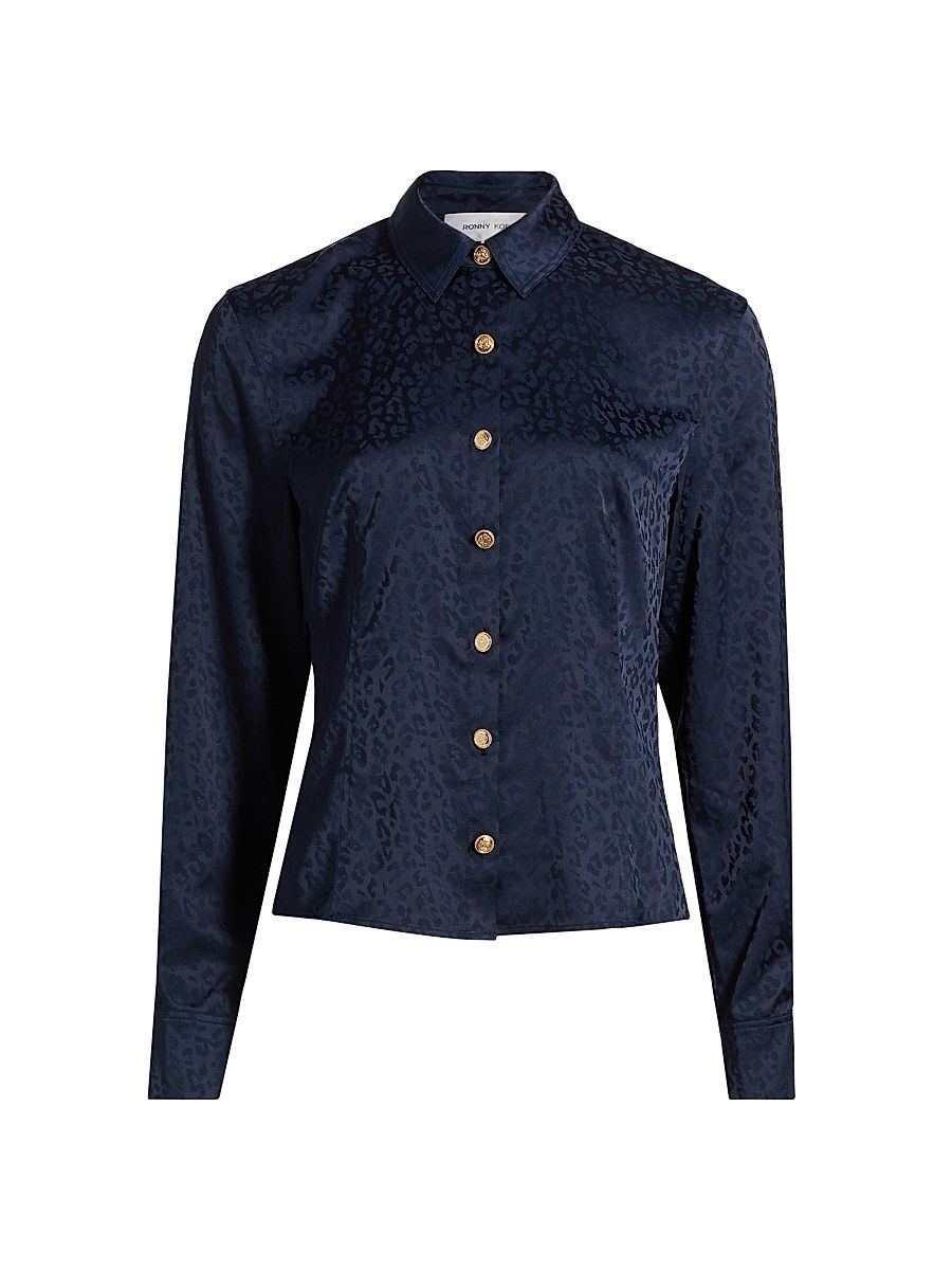 Women's Orion Tonal Leopard Print Long-Sleeve Shirt - Navy - Size XL