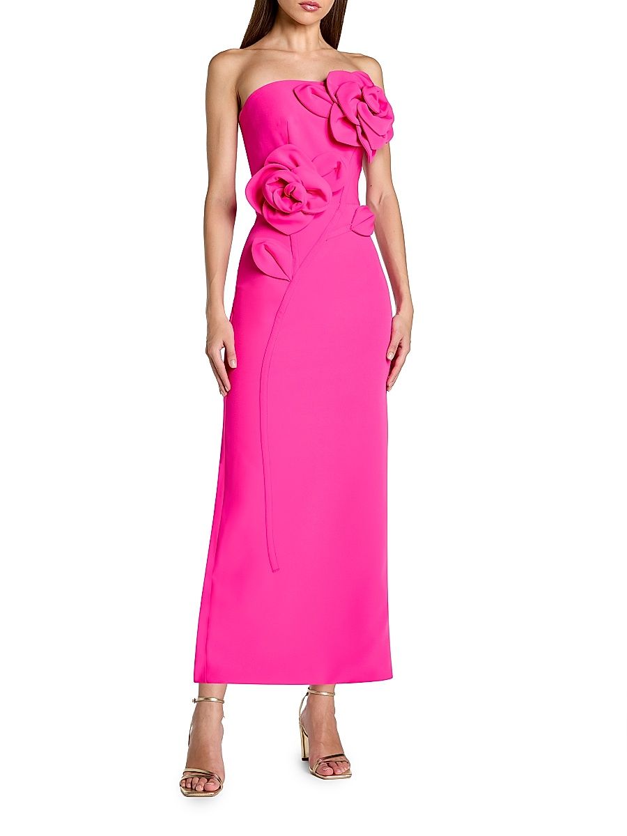 Women's Floral Embellished Crepe Strapless Maxi Dress - Hot Pink - Size 14
