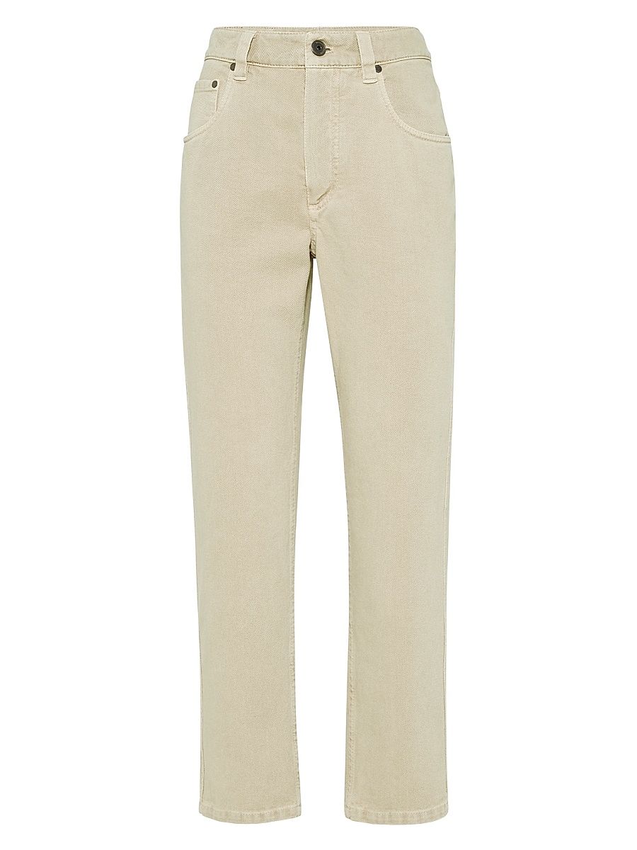 Women's Dyed Denim Five Pocket Straight Trousers with Shiny Bartack - Sand - Size 16