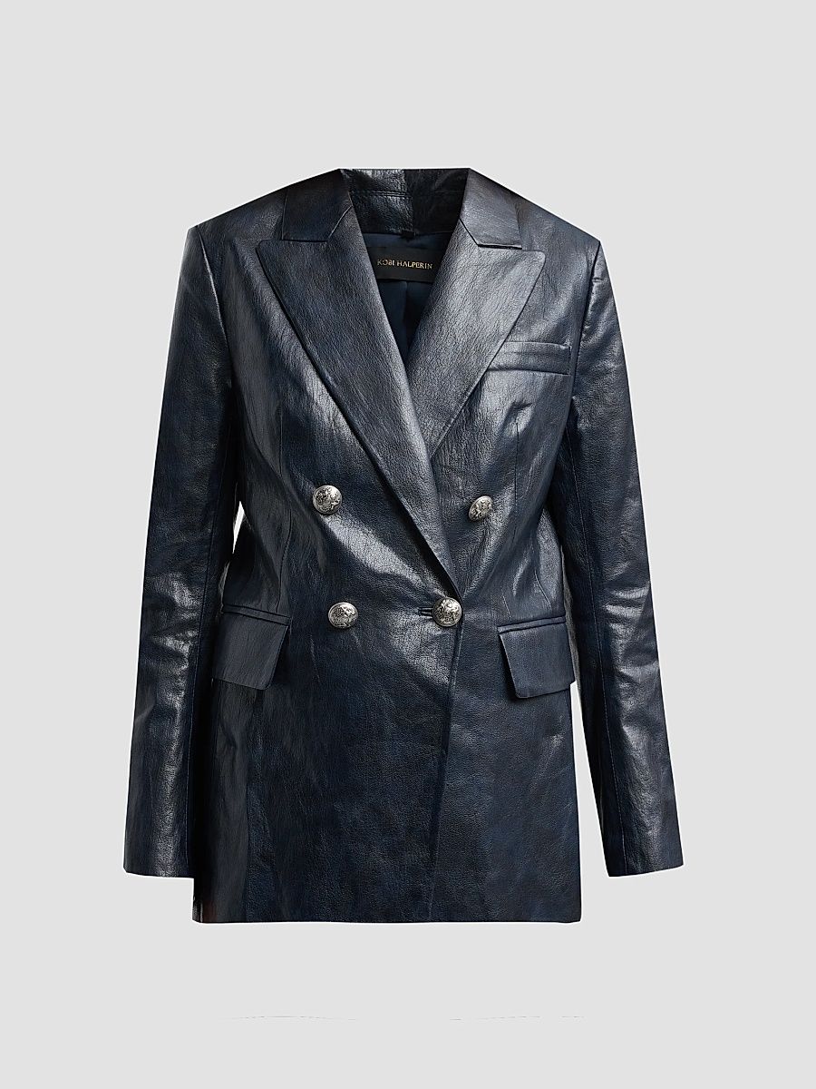 Kobi Halperin Women's Alyson Faux-Leather Double-Breasted Jacket - Navy - Size XL