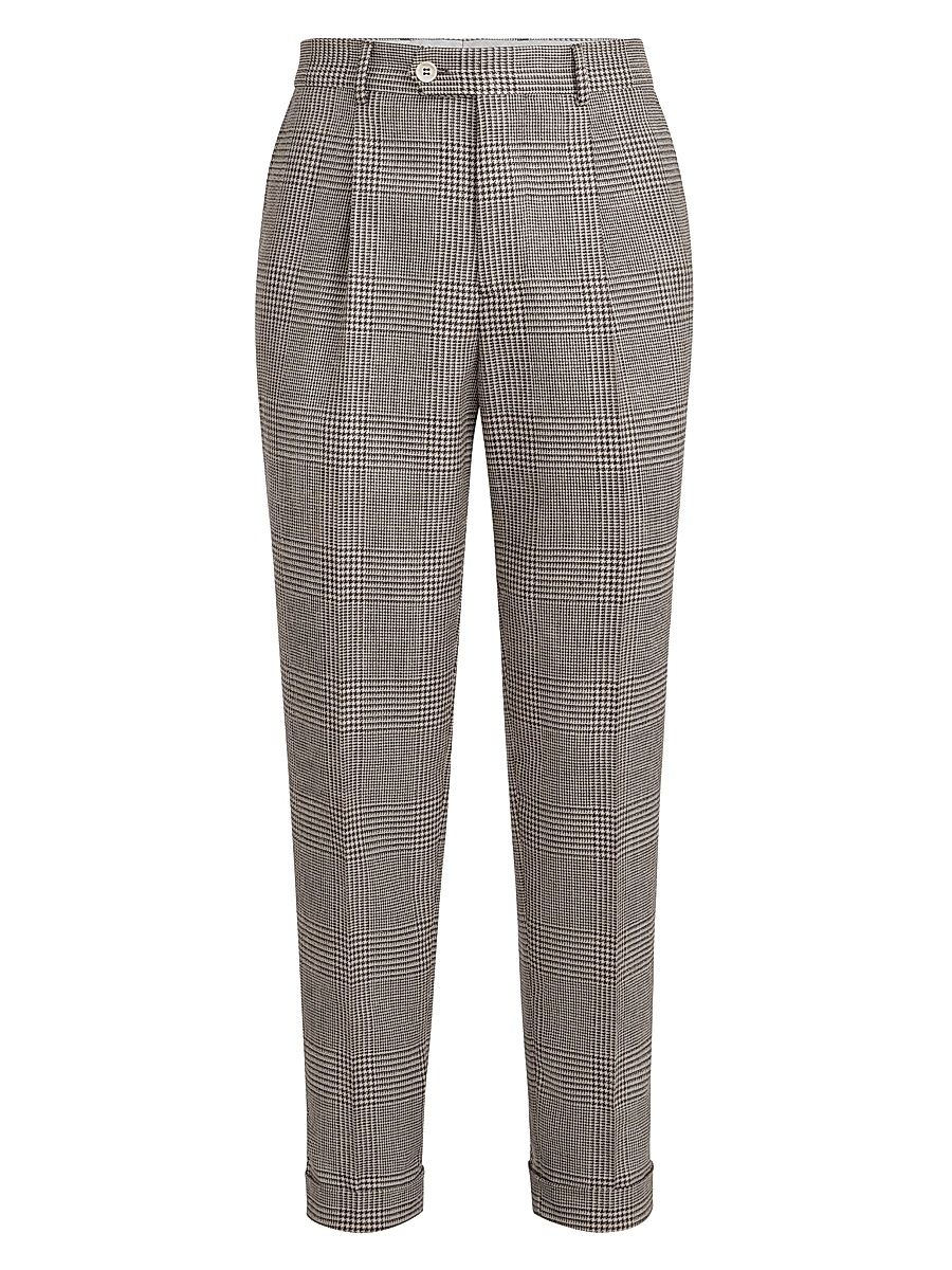 Men's Virgin Wool, Silk and Linen Prince of Wales Pleated Trousers - Brown - Size 48