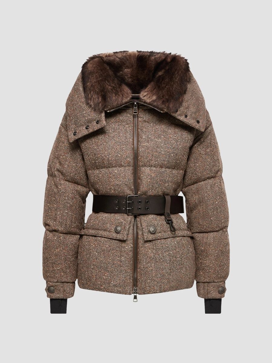 Moncler Women's Gelise Shearling-Trimmed Belted Down Jacket - Brown - Size Large