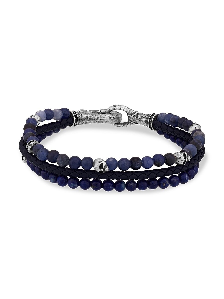 Men's Skull Sterling Silver, Lapis Lazuli & Sodalite Triple-Strand Beaded Bracelet - Silver