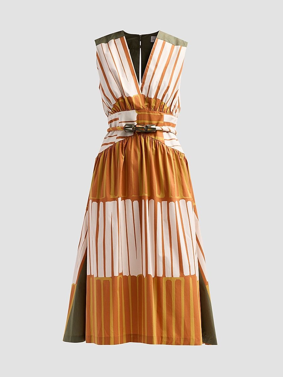 Women's Jocelyn Printed Sleeveless Belted Midi Dress - Terracotta Stripes - Size XL