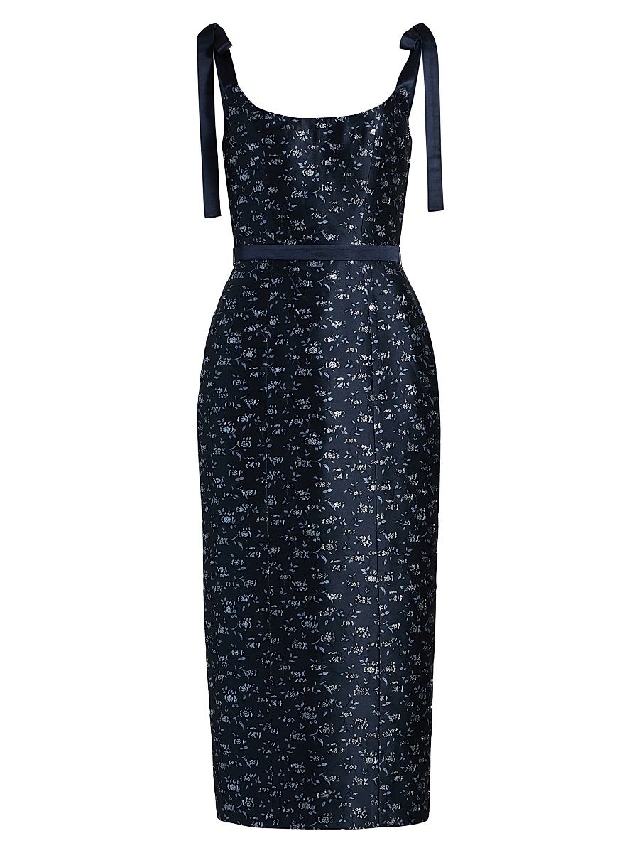 Women's Acacia Floral Brocade Corset Belted Midi-Dress - Navy Blue - Size 10
