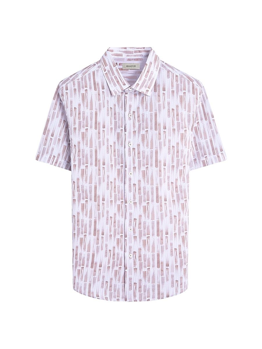 Men's Orson Printed Seersucker Shape Button-Front Shirt - Camel - Size Large