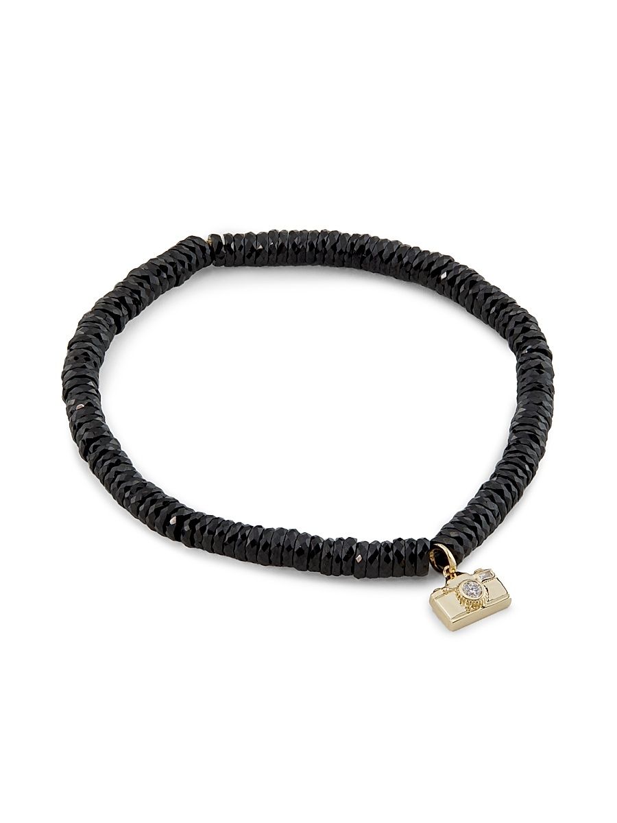Women's 14K Yellow Gold, Black Spinel & 0.04 TCW Diamond Beaded Camera Charm Bracelet - Black