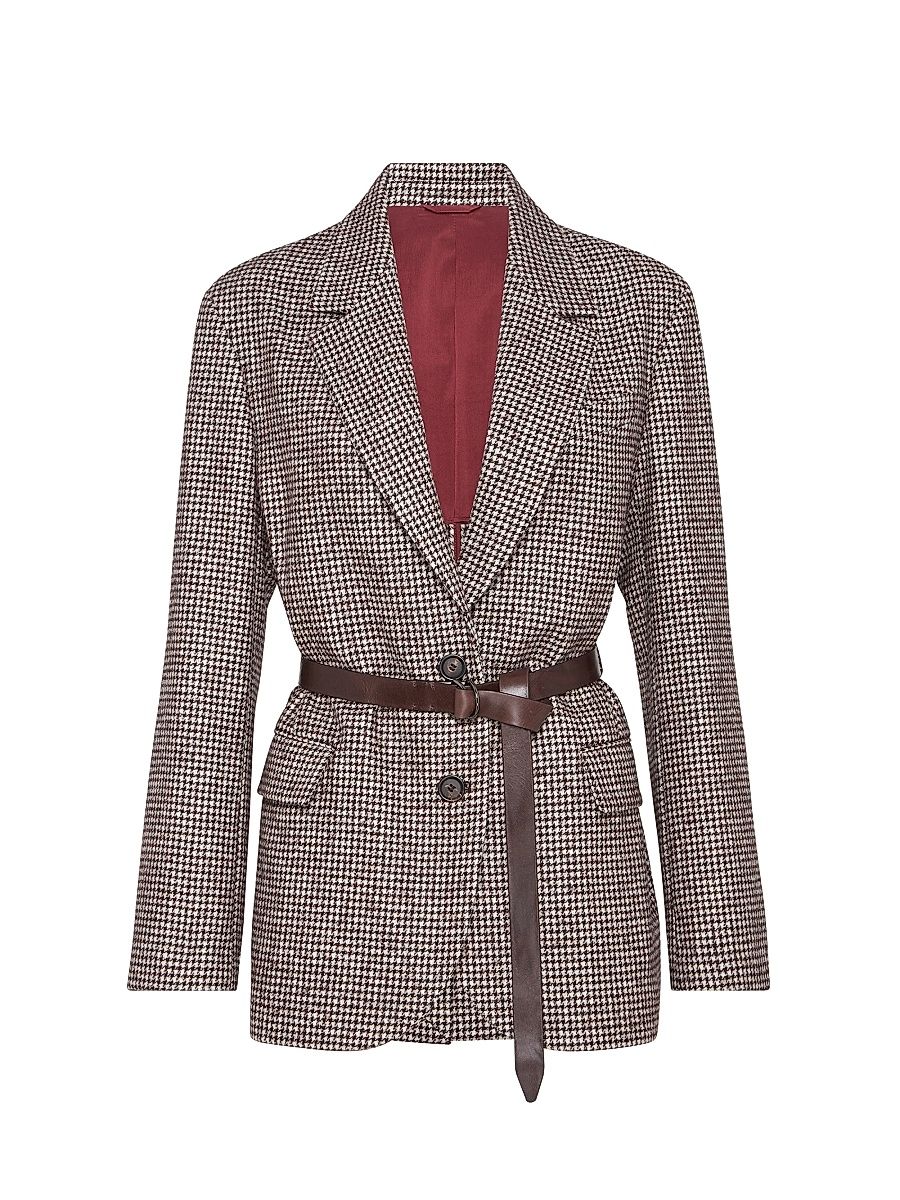 Women's Wool and Alpaca Houndstooth Blazer with Leather Belt and Monili - Brown Multi - Size 14