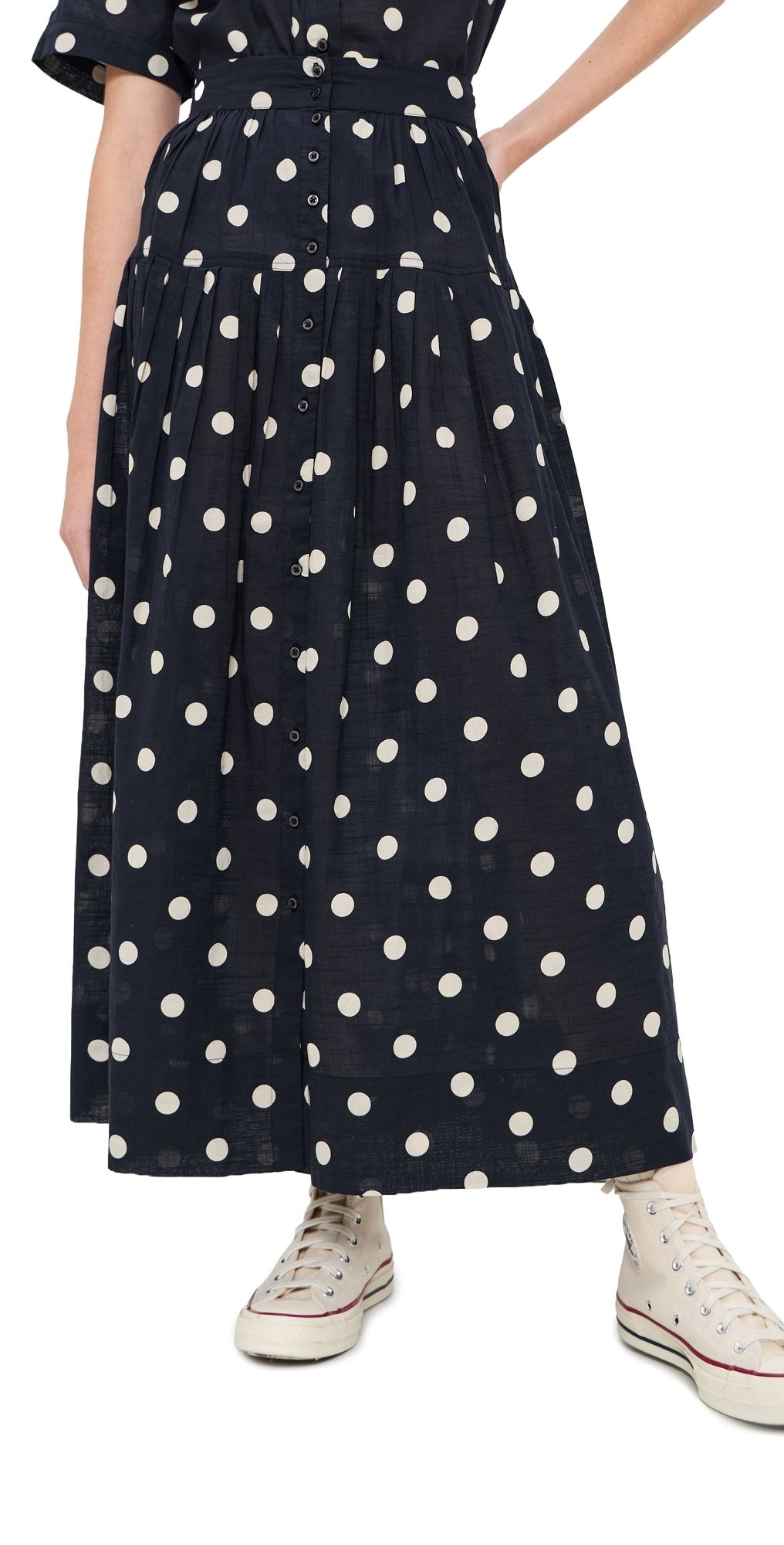 THE GREAT. The Highland Skirt Navy w/ Cream Polka Dots 0