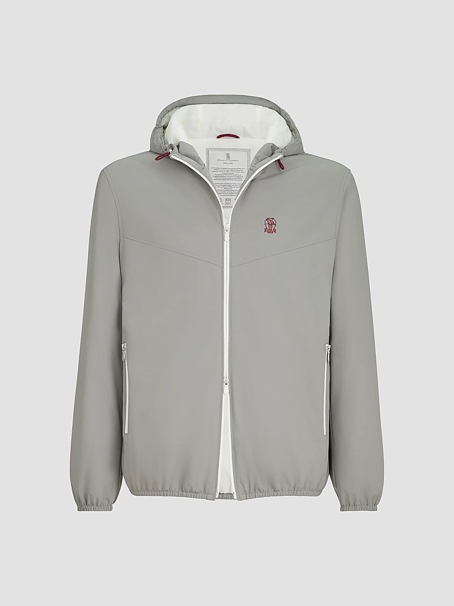 Brunello Cucinelli Men's Bonded Nylon Hooded Outerwear Jacket with Thermore Padding and Logo - Grey - Size XXXXL