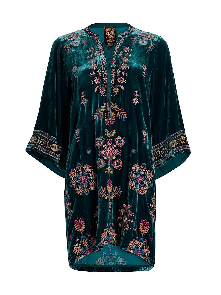 Women's Brandi Embroidered Velvet Dress - Peacock - Size Large