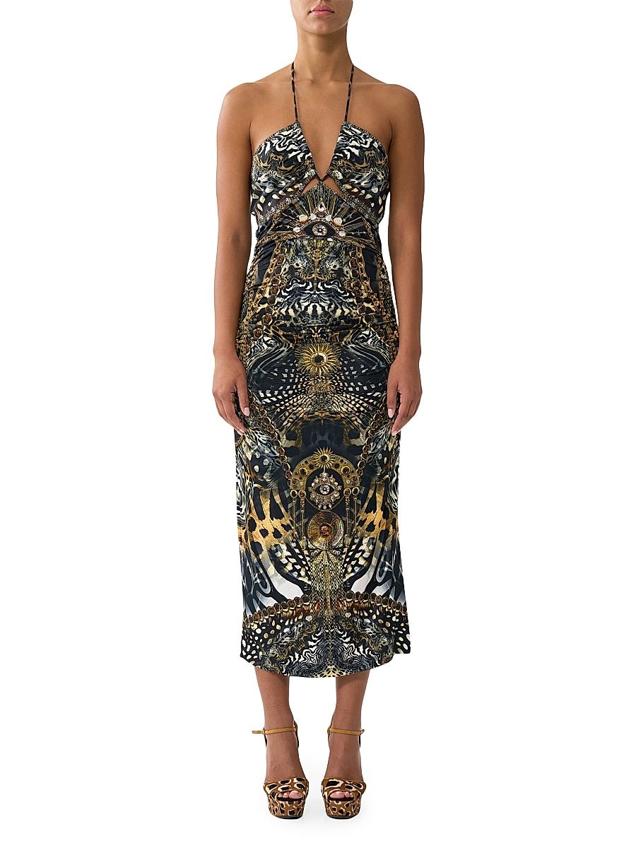 Women's Feline Fol Cut Out Jersey Halter Dress - Size Small