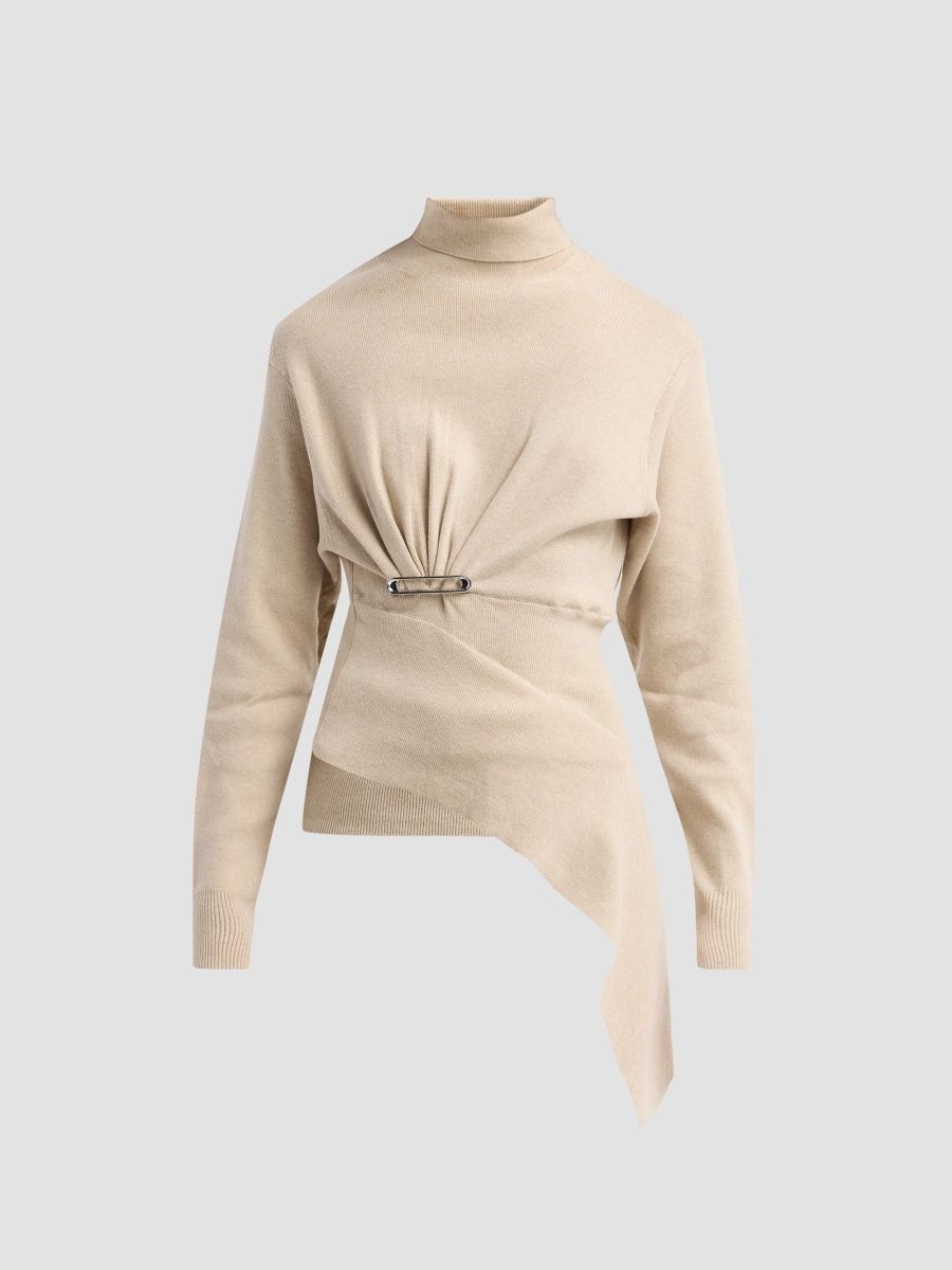 Lanvin Women's Asymmetric Draped Safety Pin Turtleneck Sweater - Moon - Size XS