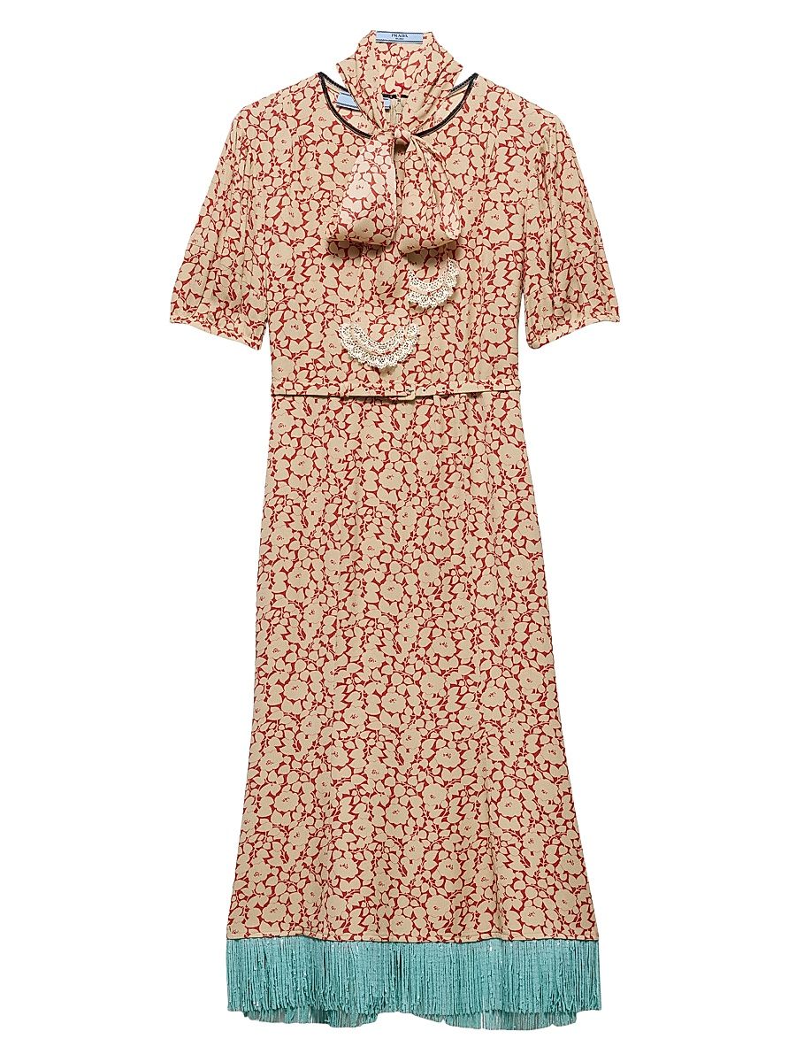 Women's Embroidered Floral Print Sablé Dress - Orange Multi - Size 14