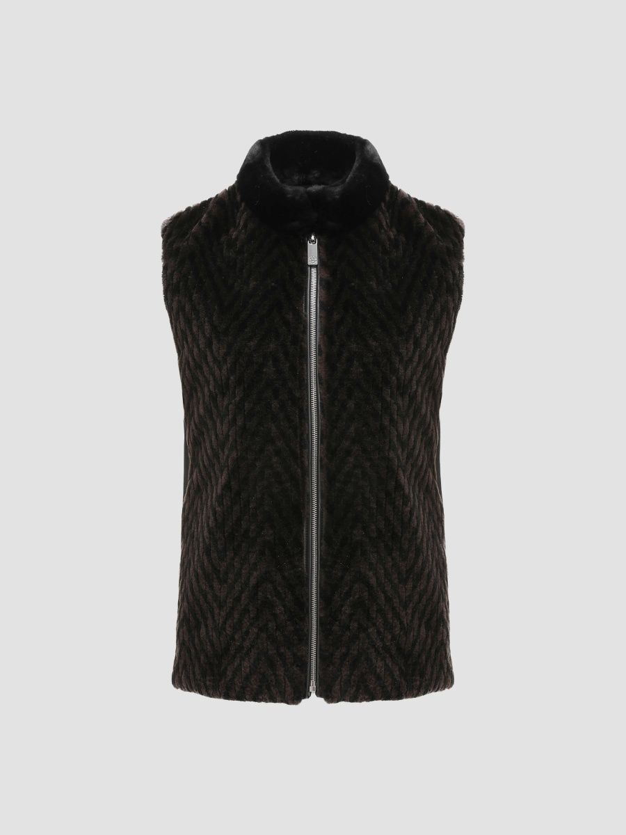 Gorski Women's Select Shearling Lamb Chevron Grooved Zip Vest - Dark Brown - Size Medium
