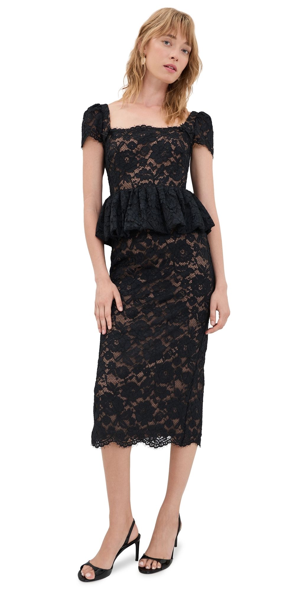 Self Portrait Black Fine Lace Peplum Midi Dress Black 6