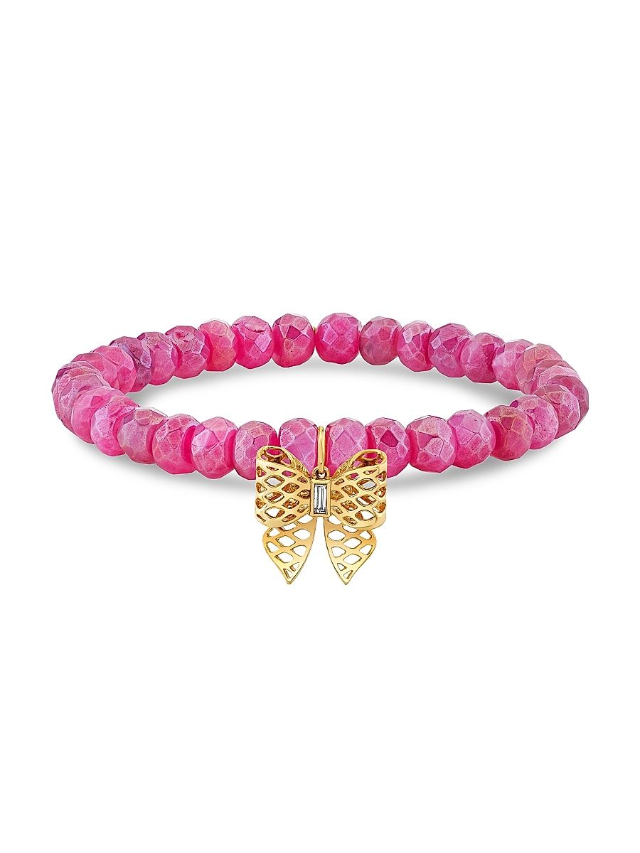 Women's 14K Yellow Gold, Red Moonstone & 0.04 TCW Diamond Beaded Bow Stretch Bracelet - Yellow Gold