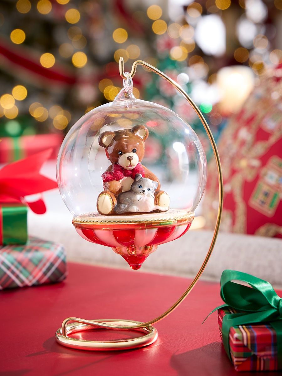 Glass Teddy Bear & Cat Ornament