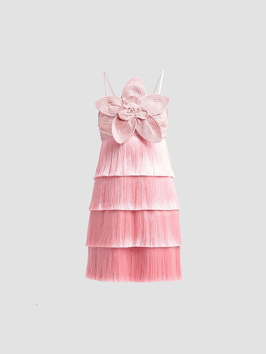 Women's Petal Fringe Crochet Flower Mini Dress - Pink - Size 8