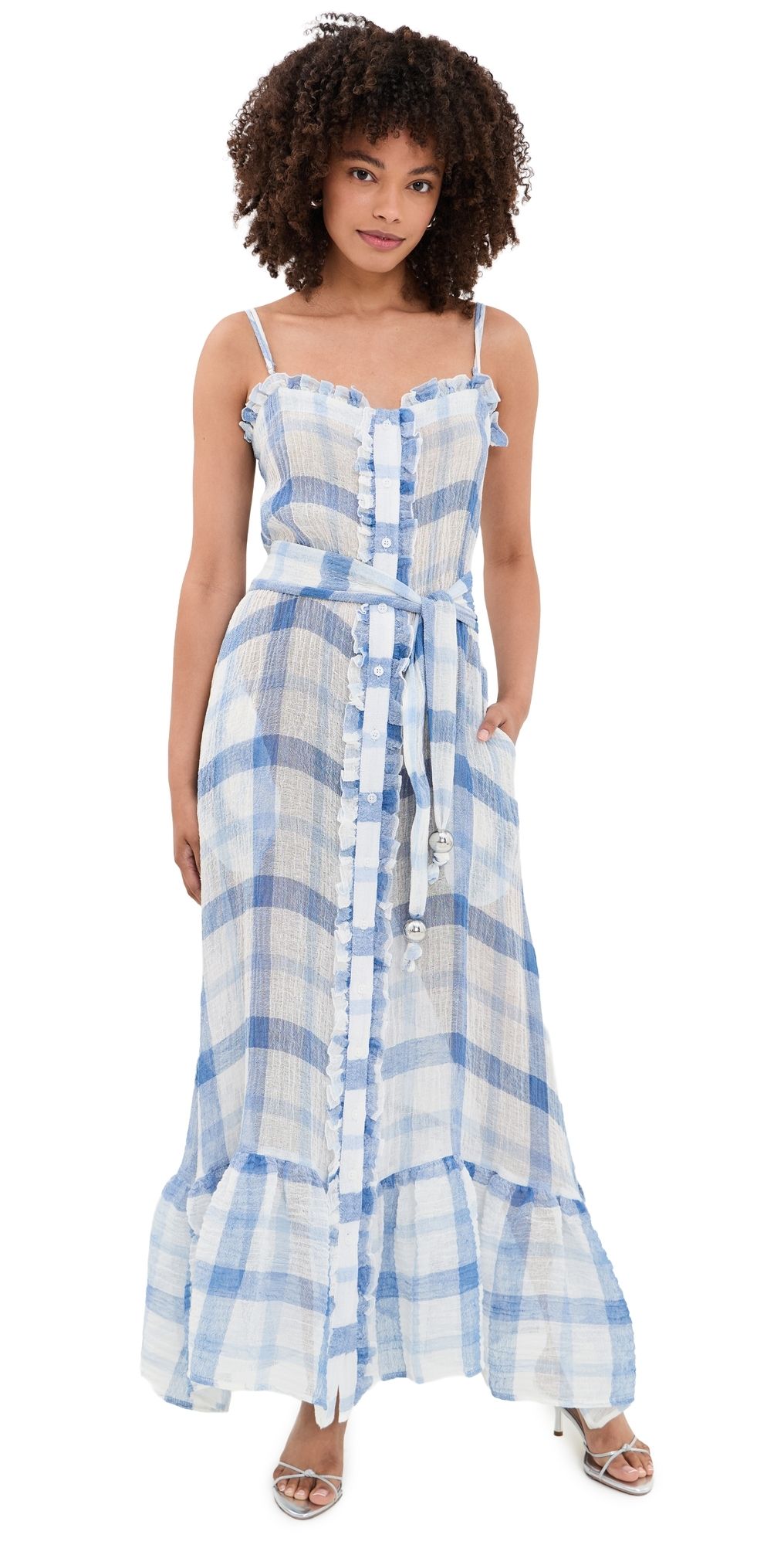 Lisa Marie Fernandez Maxi Ruffle Slip Dress Windowpane Sorrento Gauze XS