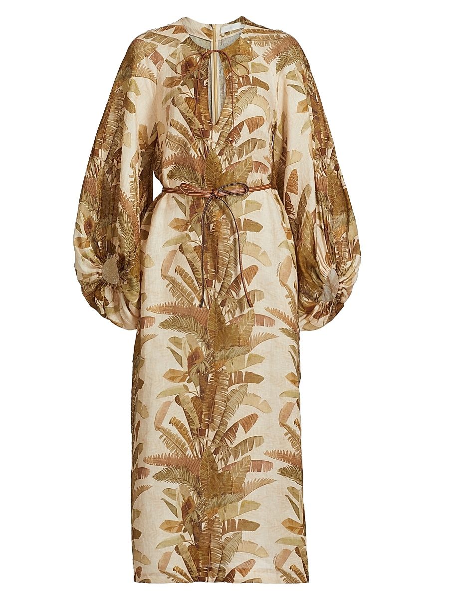 Women's Ascension Leaf-Print Linen Midi-Dress - Green Palm - Size 6