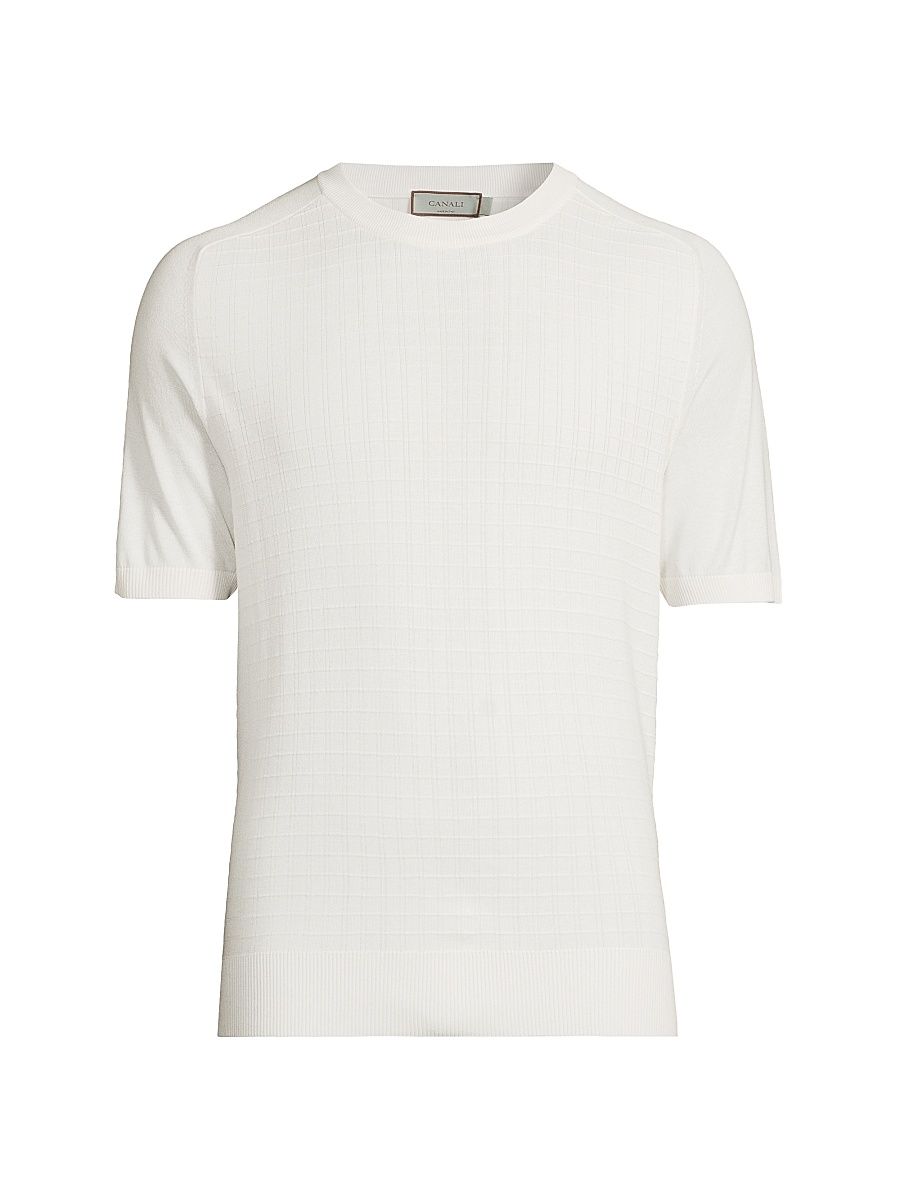 Men's Silk-Cotton Textured Grid T-Shirt - White - Size 40