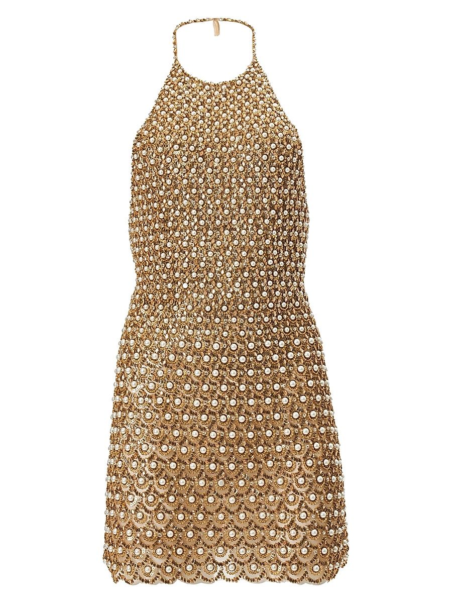 Women's Imitation Pearl-Embellished Halter Minidress - Gold - Size 6