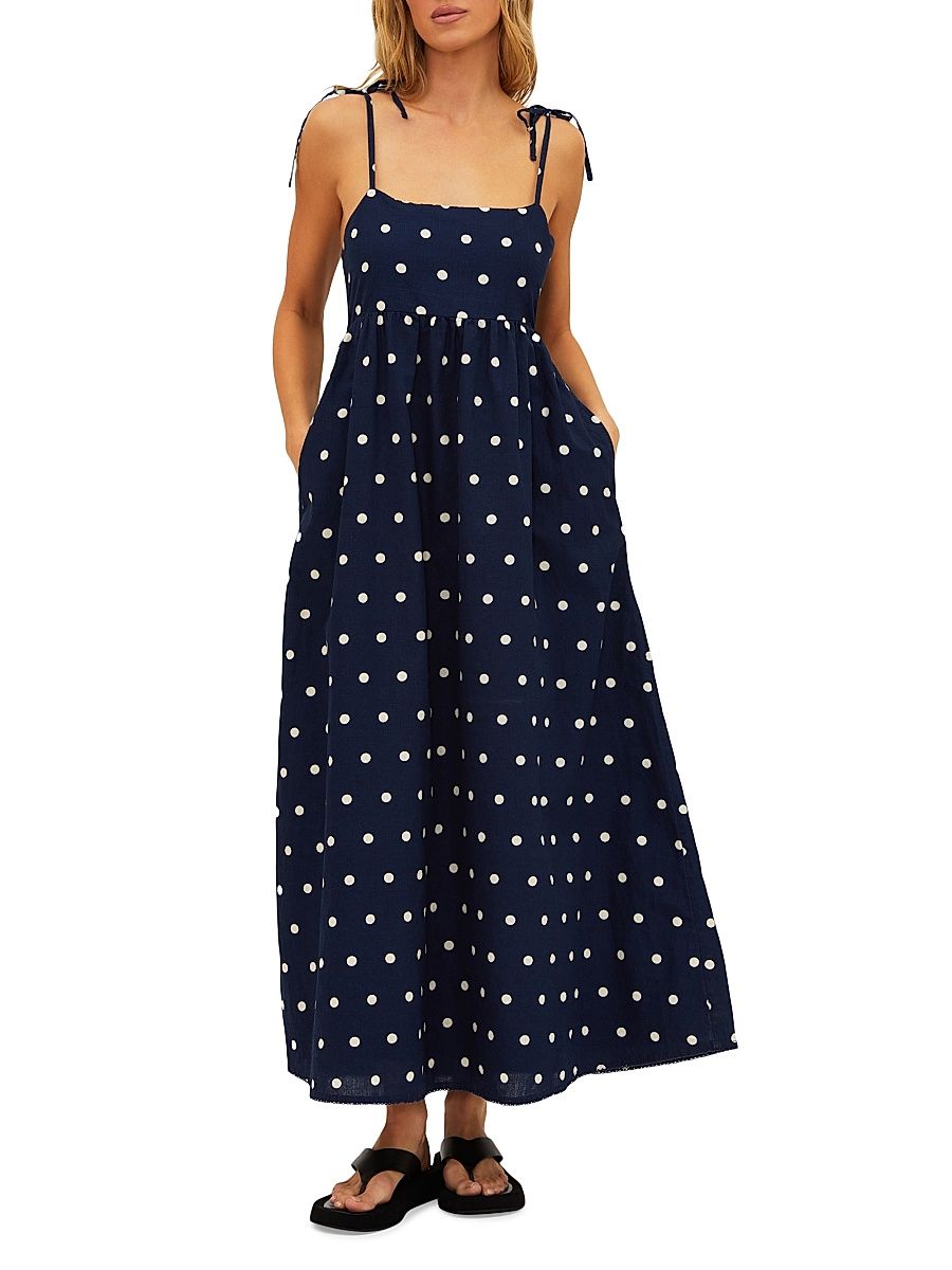 Women's Valory Cotton-Linen Polka Dot Maxi Dress - Navy Polka Dot - Size Large