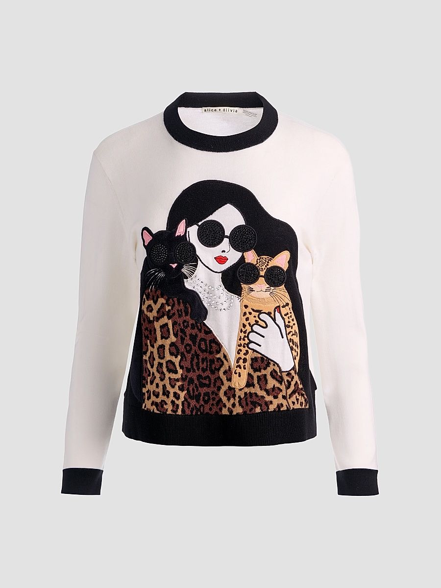 Women's Gleeson Staceface Leopard Merino Wool Pullover Sweater - Soft White Multi - Size XS