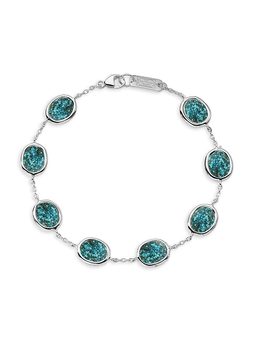 Women's Polished Rock Candy Mini Oval Slice Sterling Silver, Bronze & Turquoise Bracelet - Silver