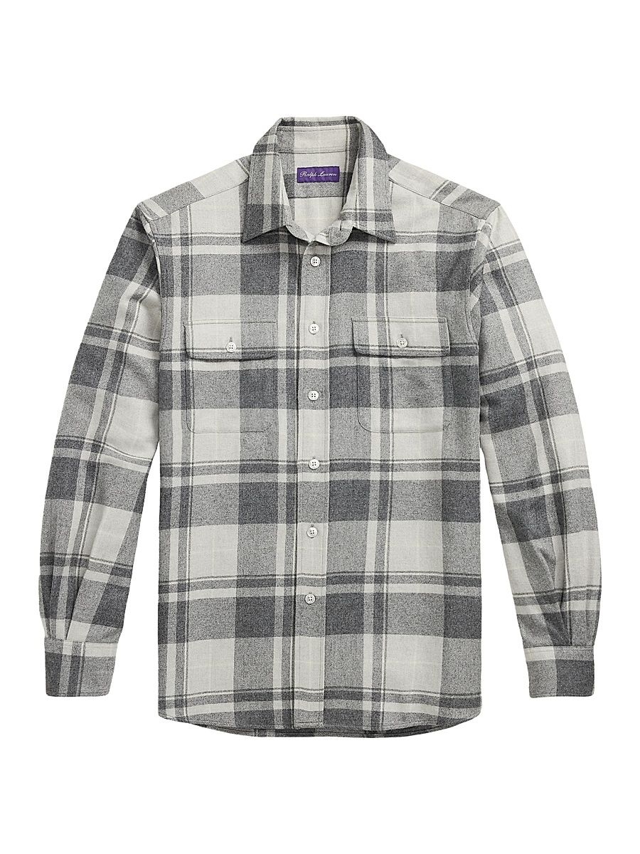 Men's Plaid Cashmere Utility Shirt - Light Heather Grey - Size XS