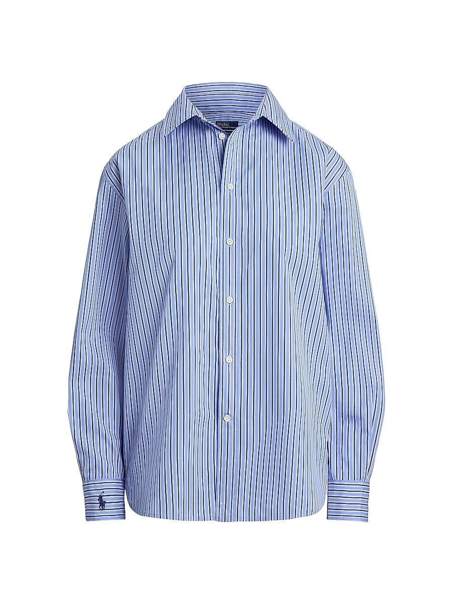 Women's Oversized Striped Cotton Button-Front Shirt - Light Blue - Size XL