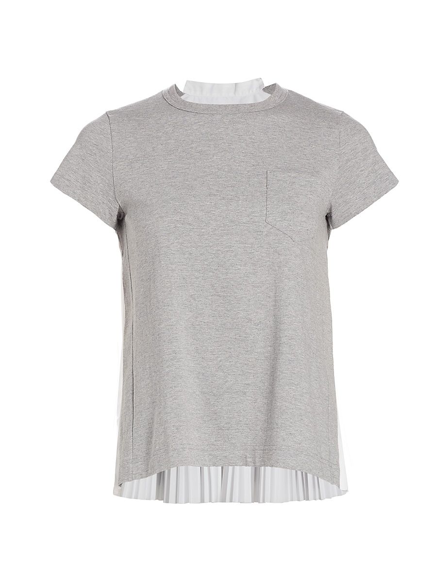 Women's Pleated-Back Cotton Crewneck T-Shirt - Light Gray - Size Large