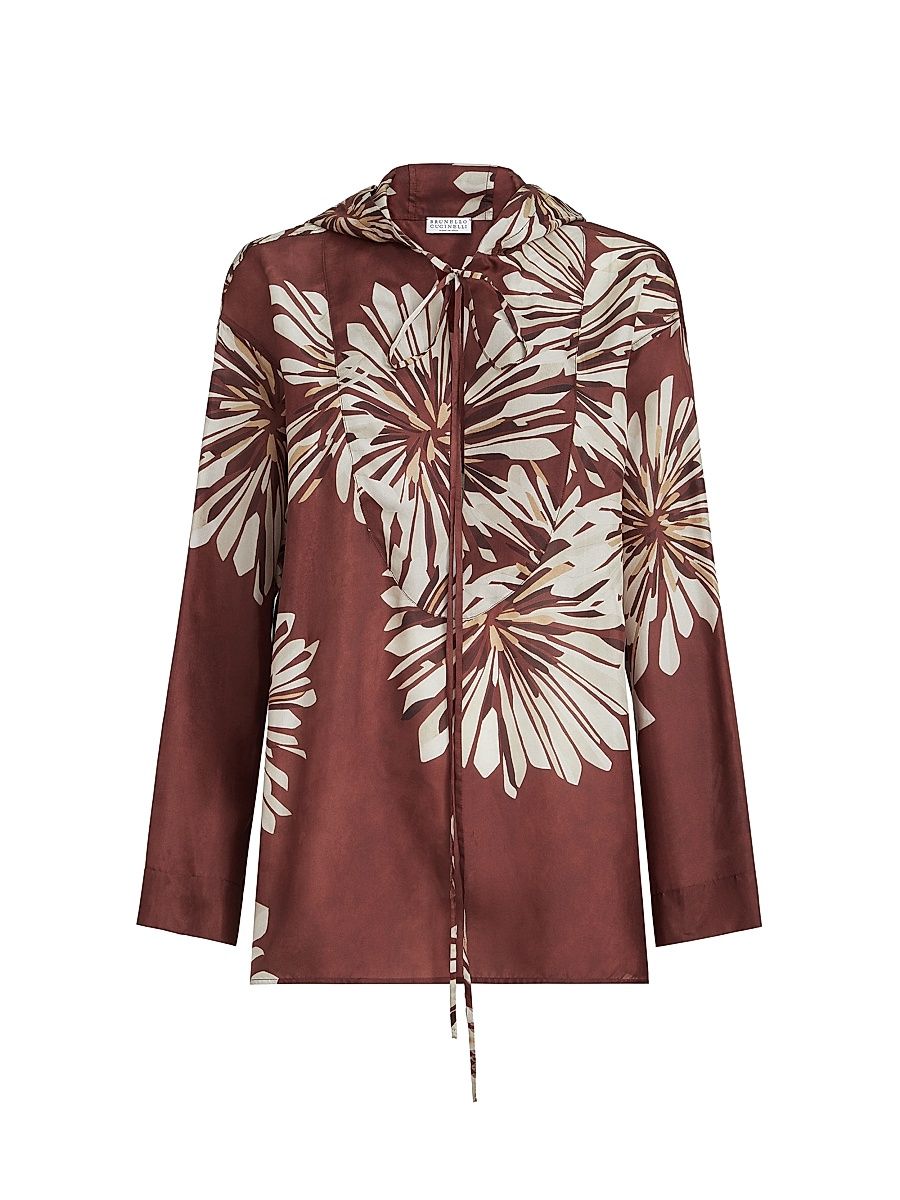 Women's Silk Bloom Print Pongee Shirt with Hood - Bordeaux - Size XXXL