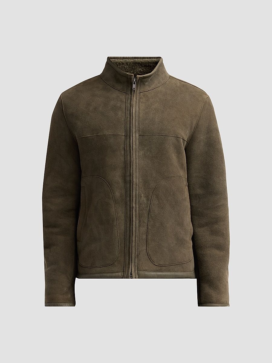 Men's Suede-Shearling Funnel Neck Jacket - Dark Green - Size XXL