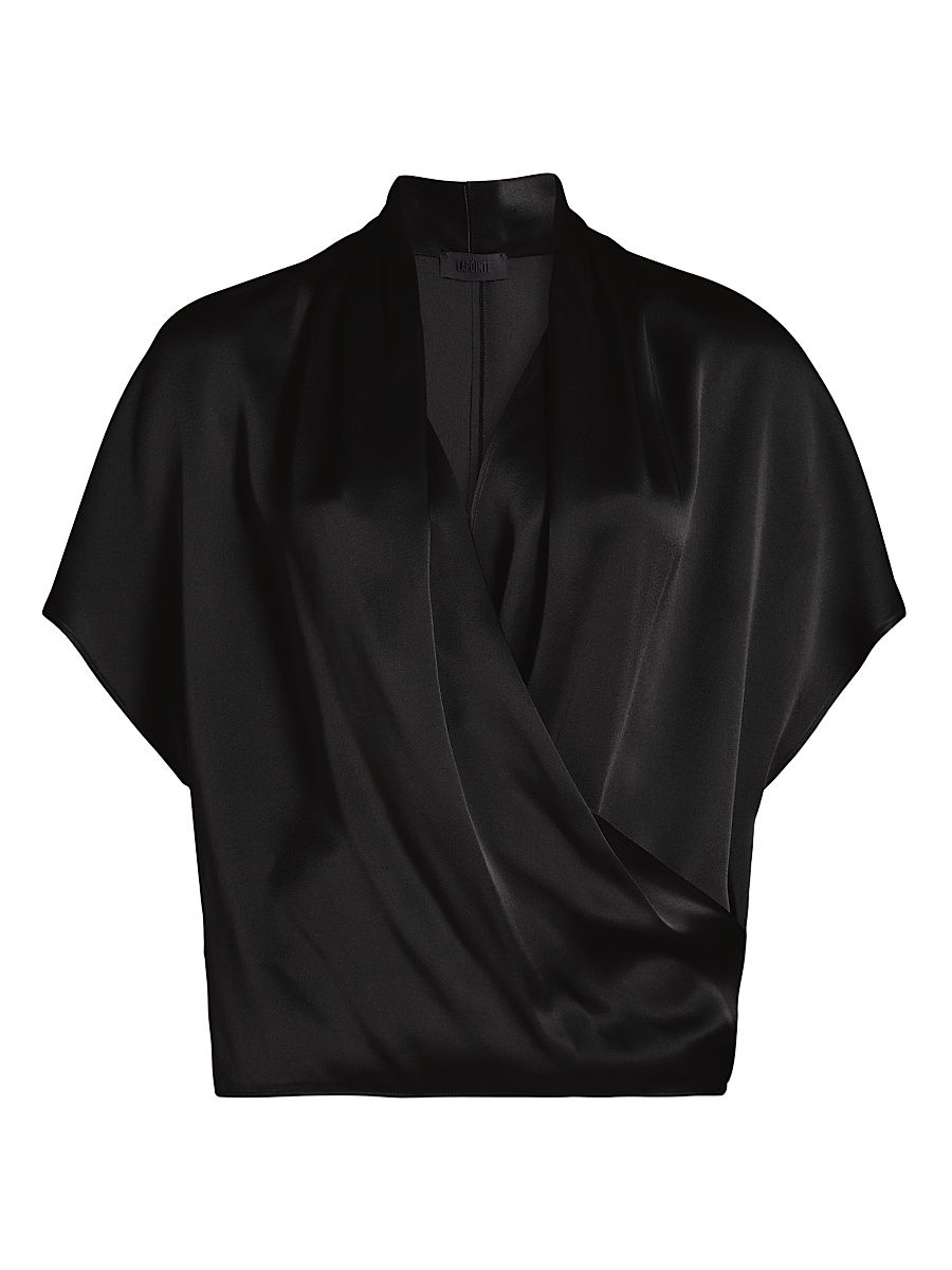Women's Satin Short Sleeve Wrap Top - Black - Size XL