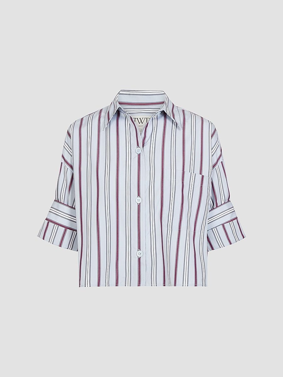 Women's Next Ex Striped Cotton Crop Shirt - Light Grey Multi - Size XS