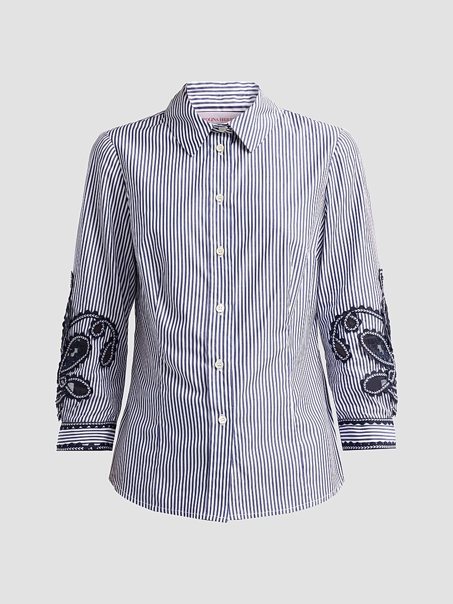 Women's Ana Cotton Floral-Embroidered Stripe Shirt - White Blue - Size 0