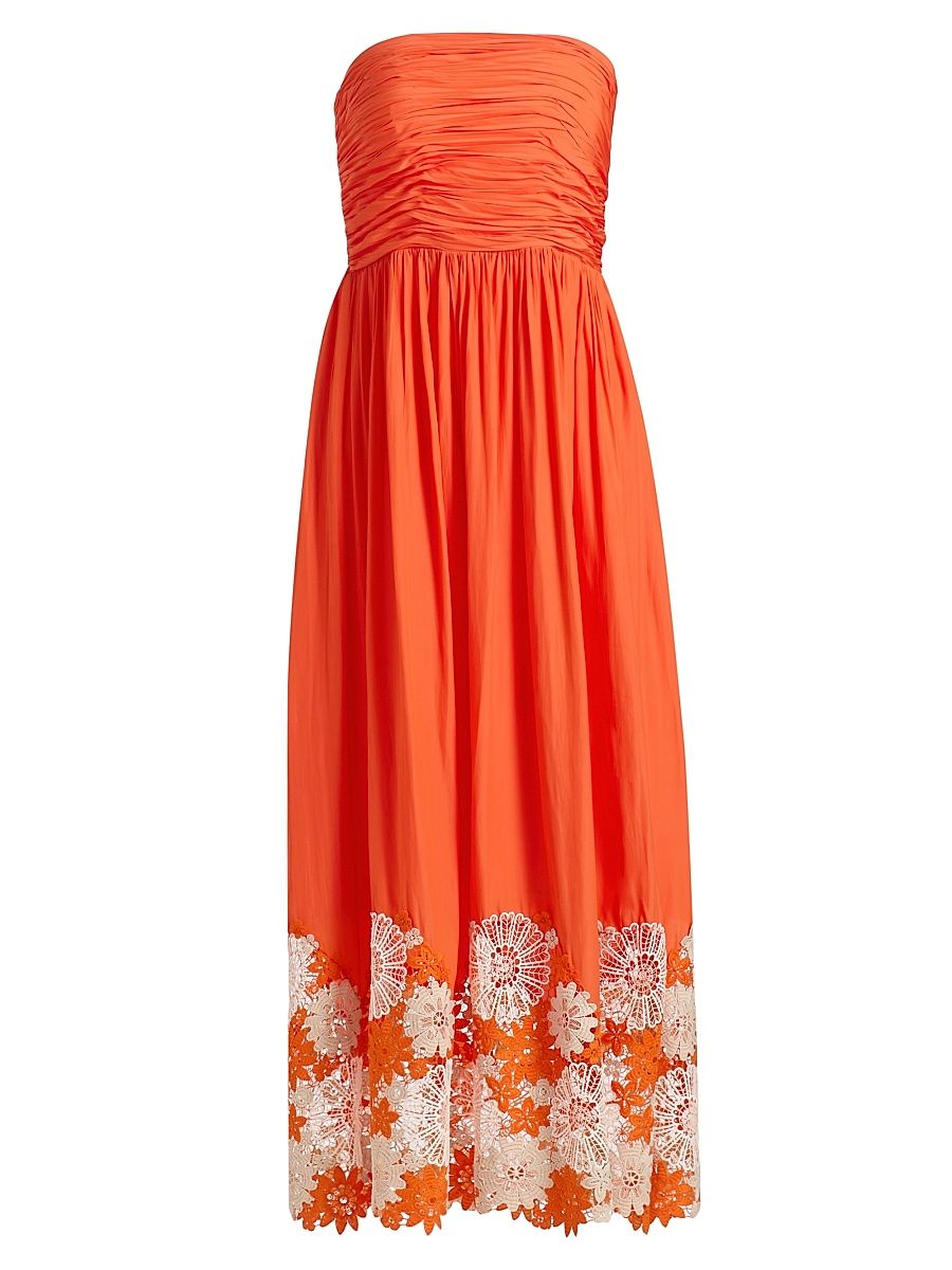 Women's Milani Floral-Appliqué Strapless Midi-Dress - Sunset Orange - Size XS