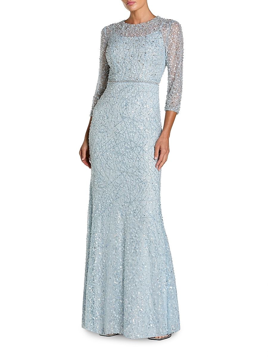 Women's Embellished Lace Column Gown - Powder Blue - Size 14