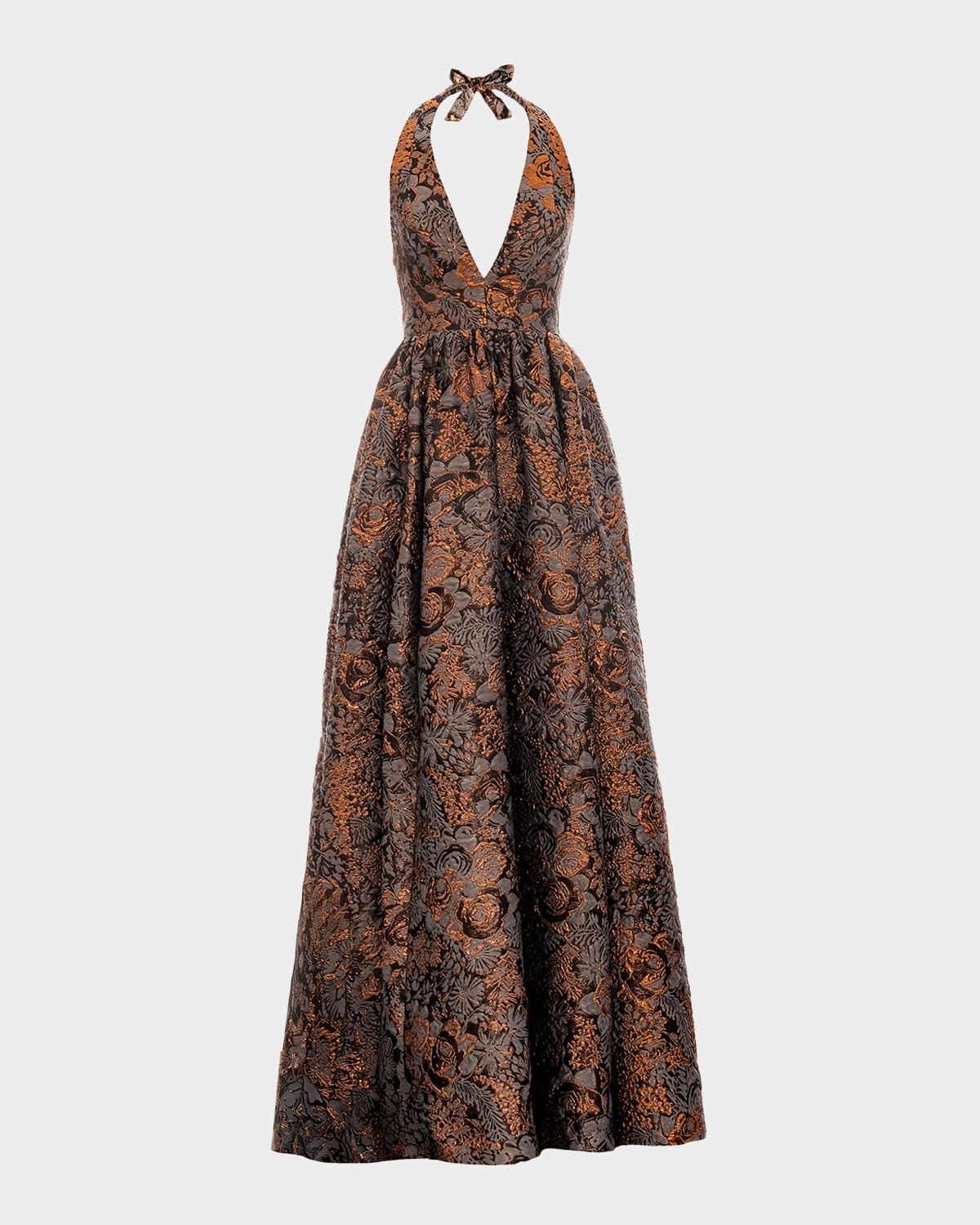 Venus Low-Back Halter Floral Jacquard Gown