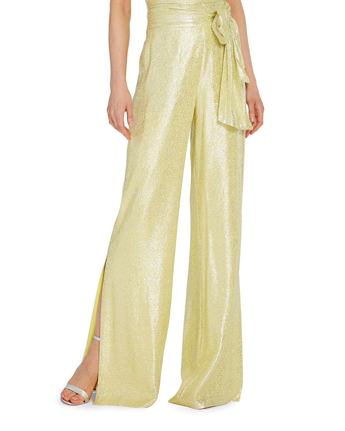 Tie-Waist Metallic Wide-Leg Pants