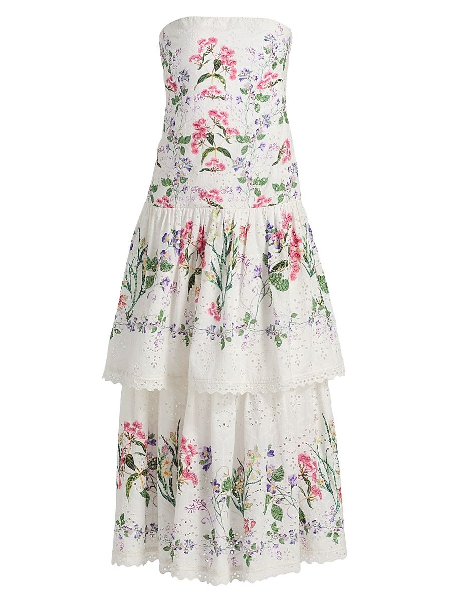 Women's Floral Cotton Tiered Strapless Maxi Dress - Ivory - Size Small