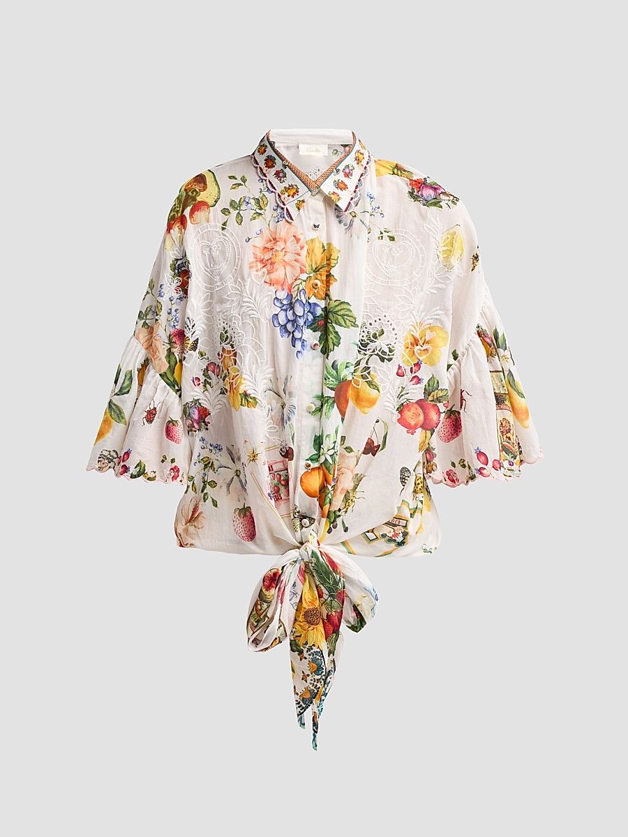 Women's Embellished Cotton Tie-Front Shirt - Magic Of The Mercado - Size Medium