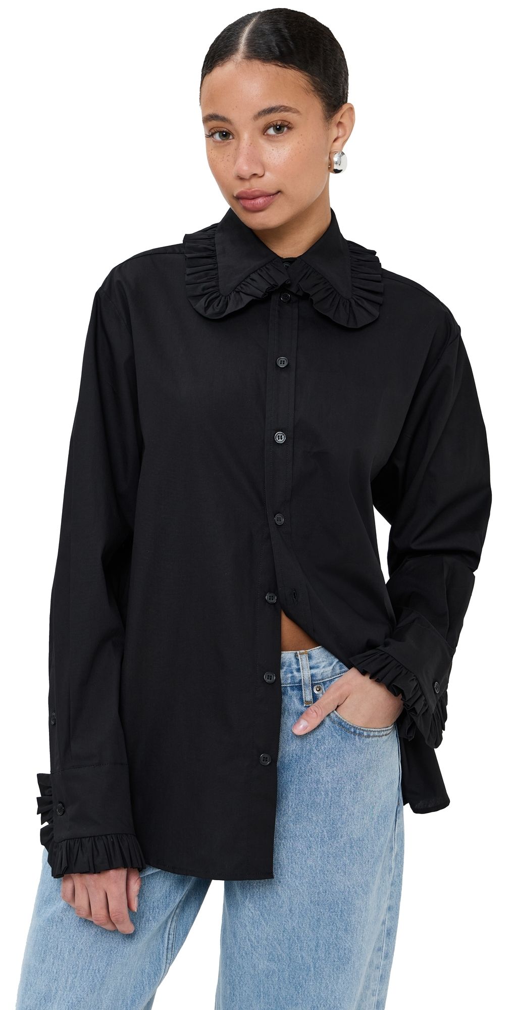 Tanner Fletcher Pippa Ruffle Button Down Shirt Black 3