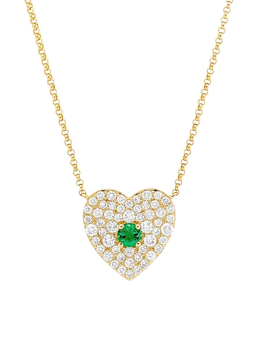 Women's 14K Yellow Gold, 0.05 TCW Diamond & Emerald Heart Pendant Necklace - Yellow Gold