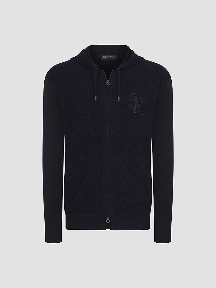 Men's Hooded Full Zip Sweater - Dark Blue - Size 44