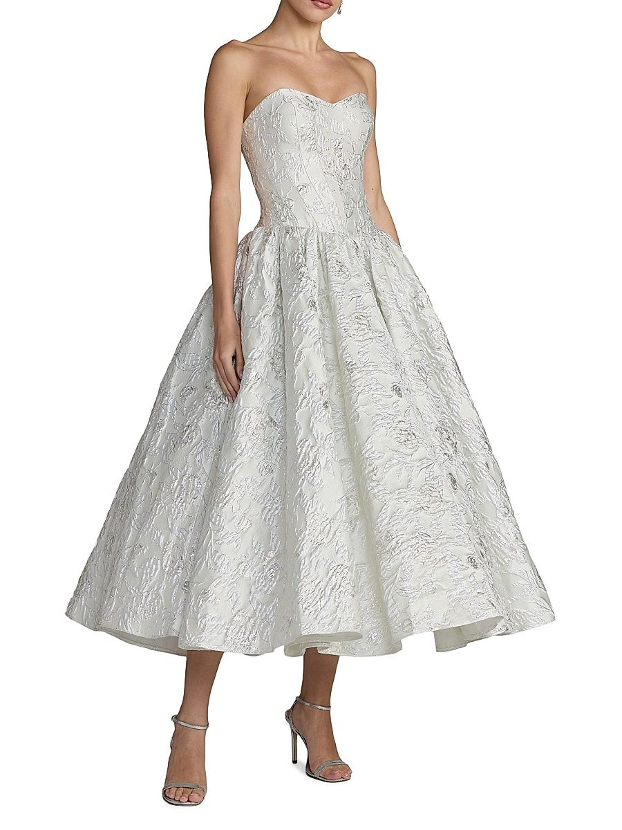 Women's Floral Brocade Strapless Midi-Dress - Ivory - Size 2