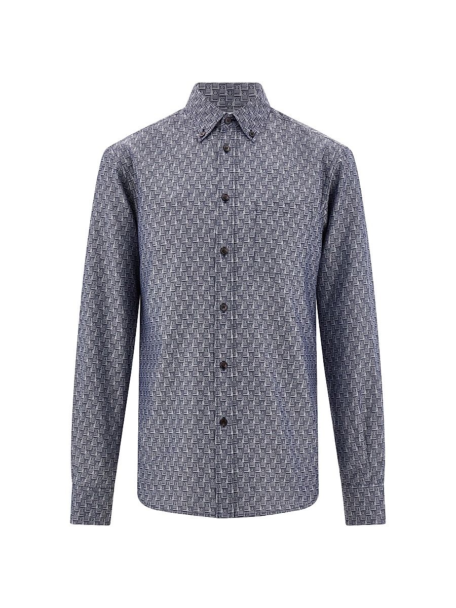 Men's Geometric Gancini Cotton Button-Down Shirt - New Navy - Size Medium